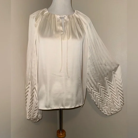 Jason Wu NWT Tie Neck Pleated Ivory Blouse,Size-XL(14) - Picture 9 of 13